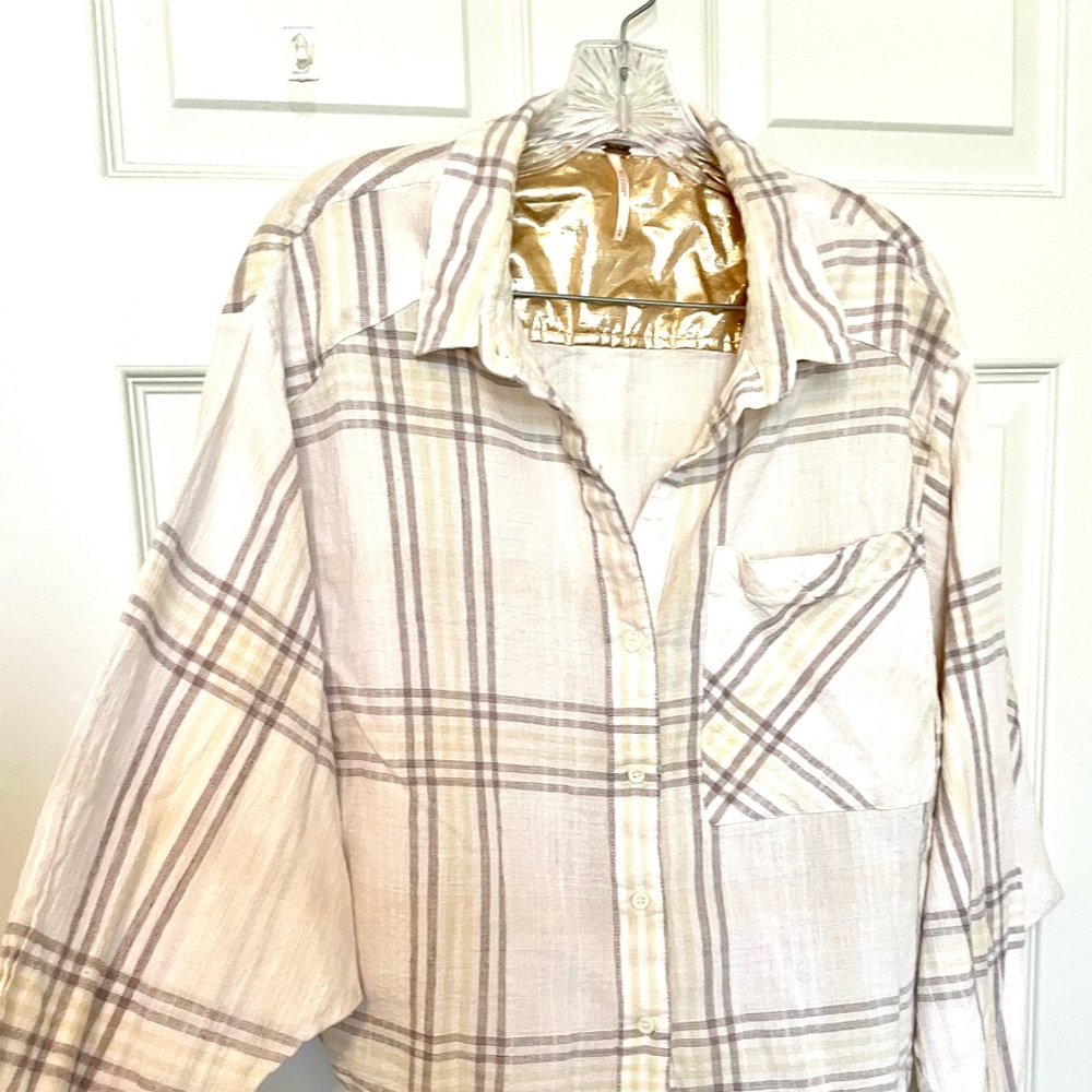 Free People Cutie cropped plaid blouse top button down